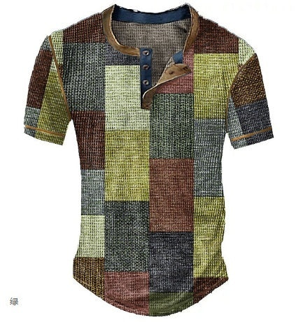 Men's Graphic Plaid Henley Shirt - Short Sleeve