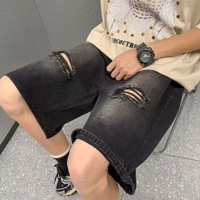Denim Men's Shorts - Casual Five-point Style
