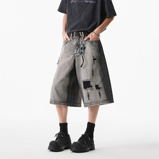 High Street Water Washed Hole Denim Shorts - Trendy Men's Fashion