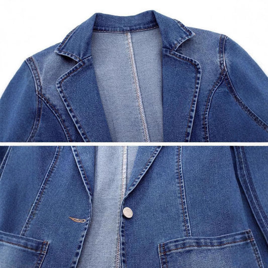 Spring And Autumn New Denim Jacket For Women, Slim Fit, Suit Collar, Solid Color Cardigan, One Button Top, Trendy