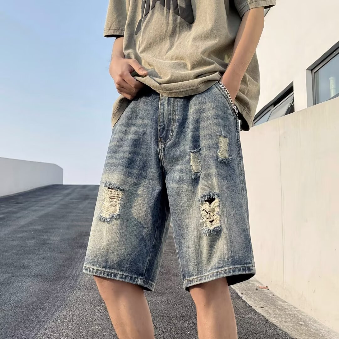 Retro Tattered Jeans Men's Shorts - Vintage Denim Style