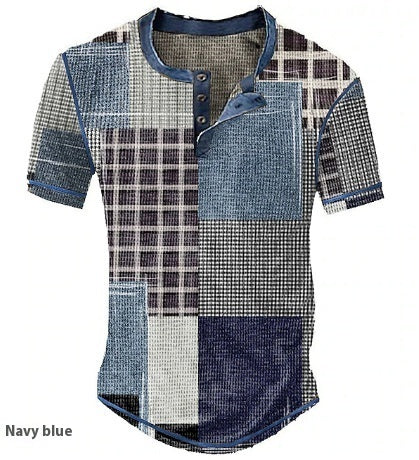 Men's Graphic Plaid Henley Shirt - Short Sleeve