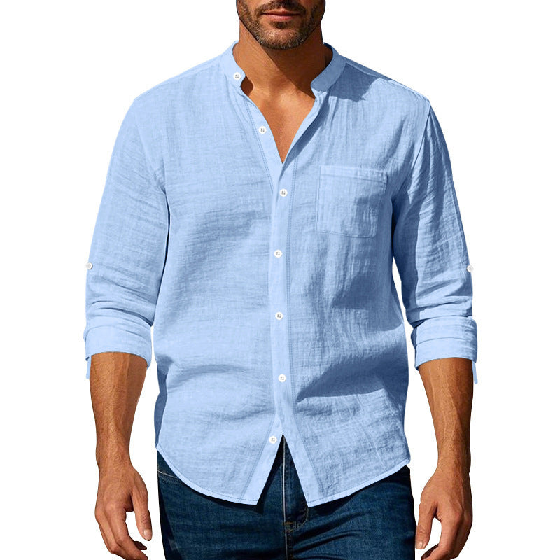 Long Sleeve Stand Collar Shirt With Pockets - Casual Men's Clothing