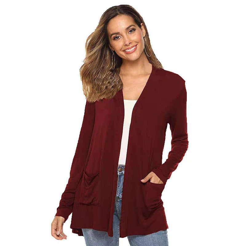 Versatile Plus Size Fashionable Casual Knitted Cardigan Solid Color Mid-length Long-sleeved Outerwear For Women