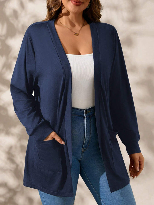 Solid Color Long Sleeve Pocket Mid-Length Elegant Loose Women's Cardigan Top