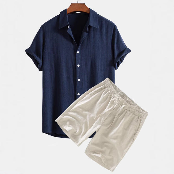 Solid Color Casual Short-sleeved Shirt Shorts Suit for Men