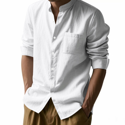 Long Sleeve Stand Collar Shirt With Pockets - Casual Men's Clothing