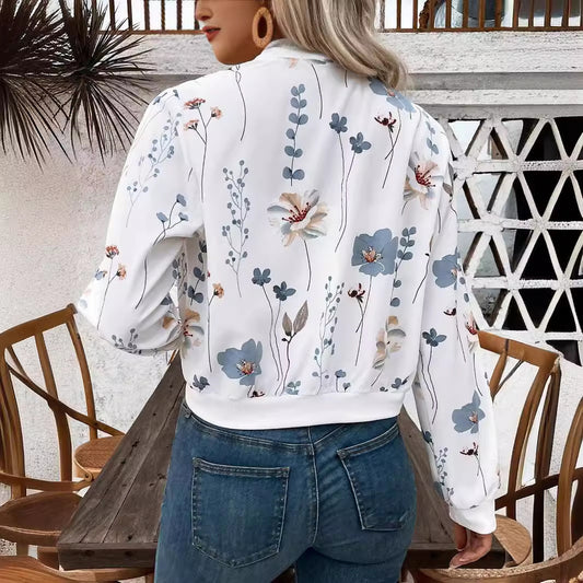 Elegant Women's Zip Floral Print Long Sleeve Jacket