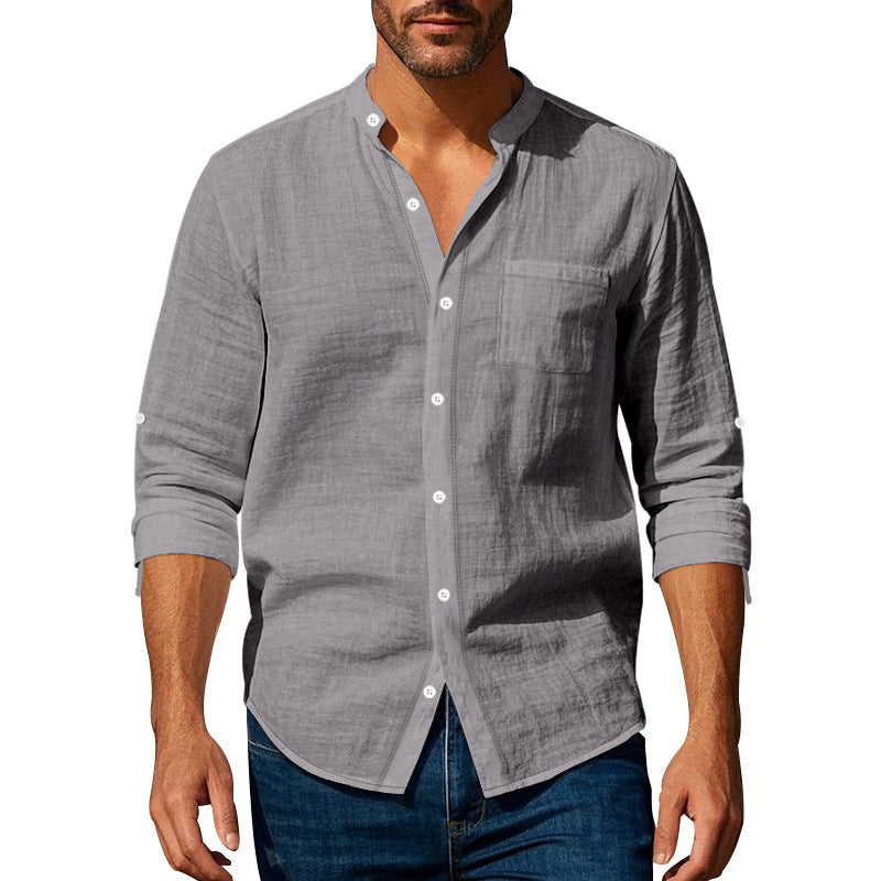 Long Sleeve Stand Collar Shirt With Pockets - Casual Men's Clothing