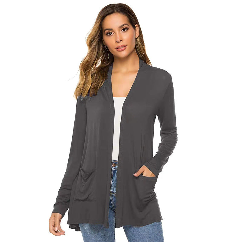 Versatile Plus Size Fashionable Casual Knitted Cardigan Solid Color Mid-length Long-sleeved Outerwear For Women
