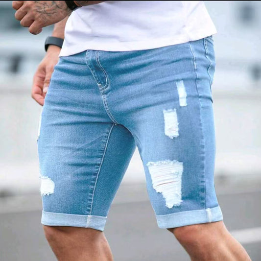 Trendy Distressed Denim Shorts - Summer Blue Multi-hole Design