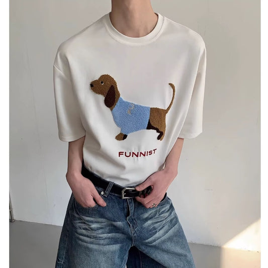 Sausage Dog Towel Embroidery Round Neck Short Sleeve T-shirt