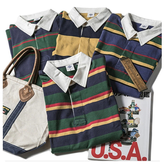 Men's Polo Collar Stripes T-shirt Retro Long Sleeve