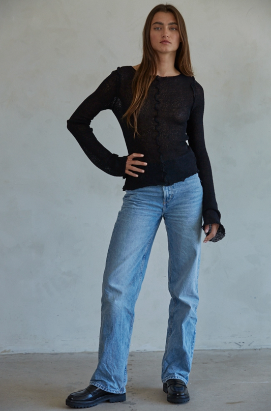 Knit Long Sleeve See Through Asymmetrical Top