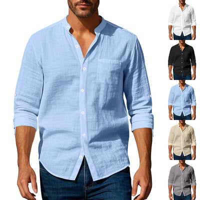 Long Sleeve Stand Collar Shirt With Pockets - Casual Men's Clothing