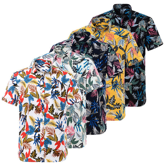 Collection of colorful floral patterned shirts on a white background