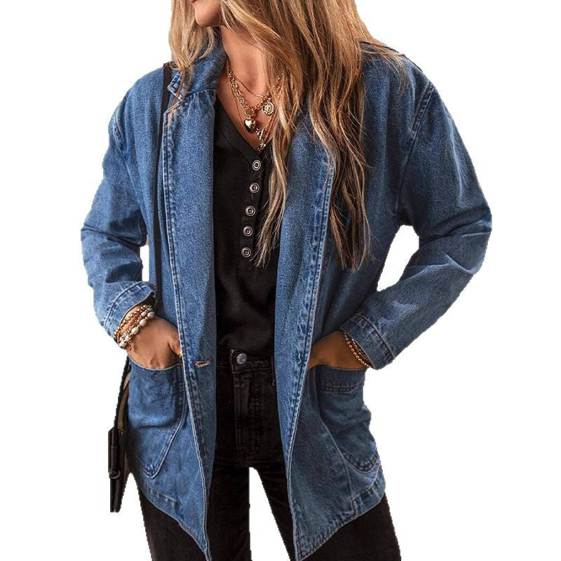 Spring And Autumn New Denim Jacket For Women, Slim Fit, Suit Collar, Solid Color Cardigan, One Button Top, Trendy