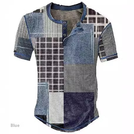 Men's Graphic Plaid Henley Shirt - Short Sleeve