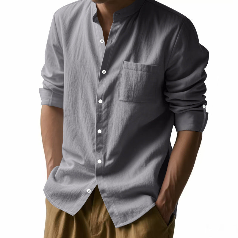 Long Sleeve Stand Collar Shirt With Pockets - Casual Men's Clothing