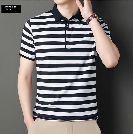 Summer Cotton Polo Collar Striped T-shirt - Men