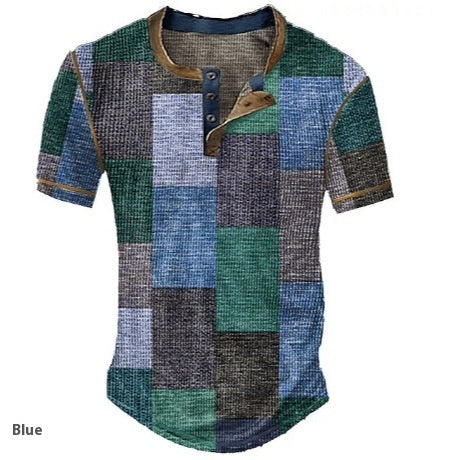 Men's Graphic Plaid Henley Shirt - Short Sleeve