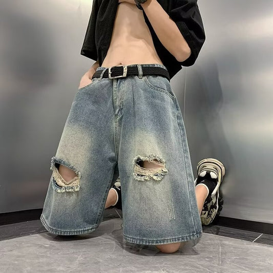 Denim Men's Shorts - Casual Five-point Style