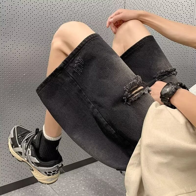 Denim Men's Shorts - Casual Five-point Style