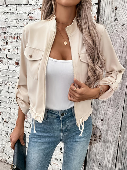 Women's Zipper Drawstring Flip Sleeve Decorative Pocket Women's Short Jacket