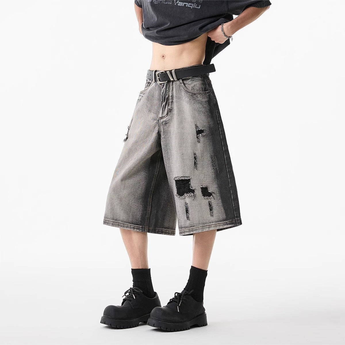 High Street Water Washed Hole Denim Shorts - Trendy Men's Fashion