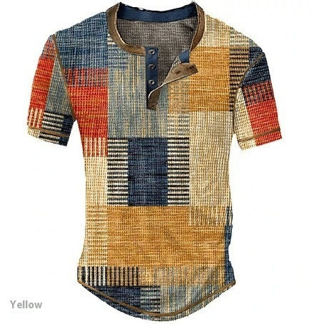 Men's Graphic Plaid Henley Shirt - Short Sleeve