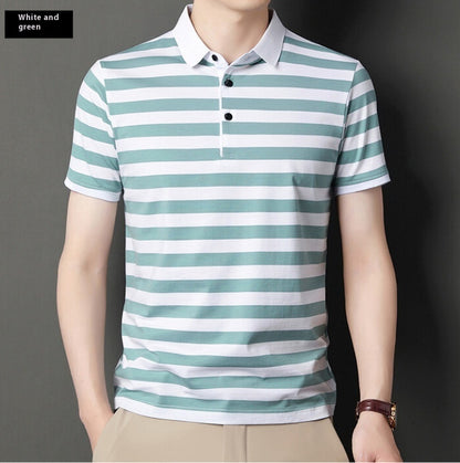 Summer Cotton Polo Collar Striped T-shirt - Men