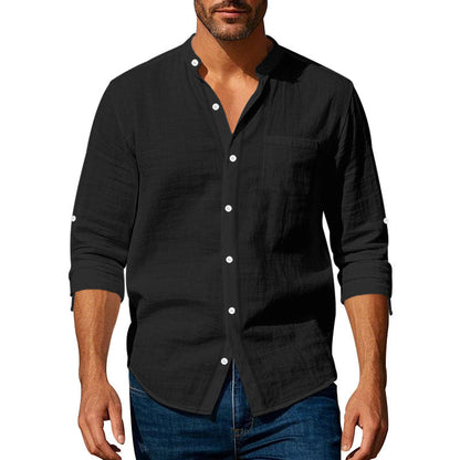 Long Sleeve Stand Collar Shirt With Pockets - Casual Men's Clothing