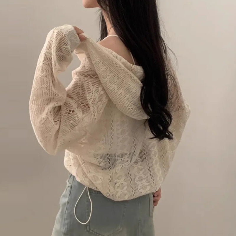 Hollow Jacquard Drawstring Hem Long Sleeve Hooded Lace Coat