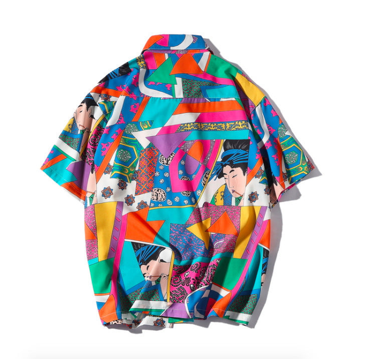 Colorful kimono-style garment with geometric patterns on a white background