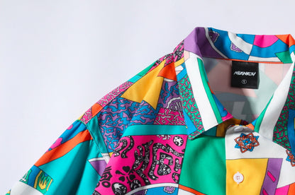 Colorful patterned shirt with brand label on a white background