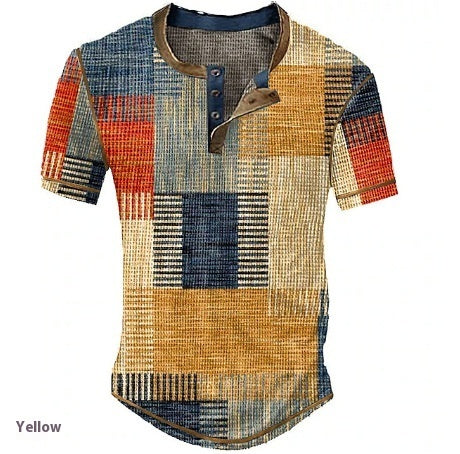Men's Graphic Plaid Henley Shirt - Short Sleeve