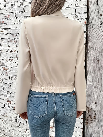 Women's Zipper Drawstring Flip Sleeve Decorative Pocket Women's Short Jacket