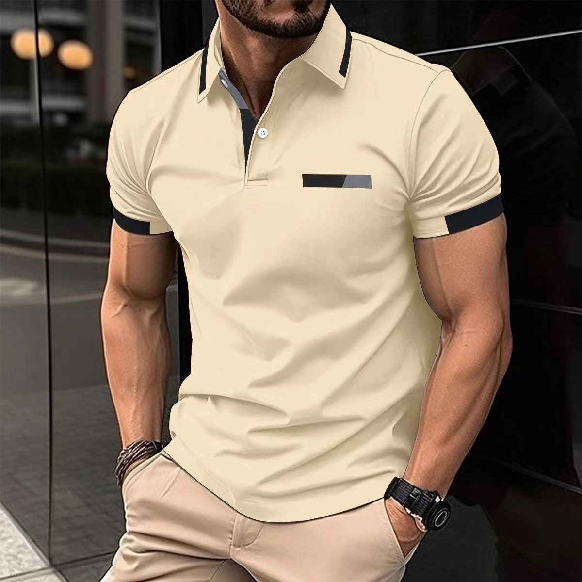 Men's Casual Polo Shirt - Faux Pocket & Lapel Button