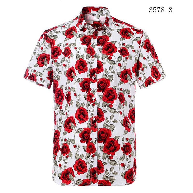 Short-sleeve shirt with red floral pattern on a white background