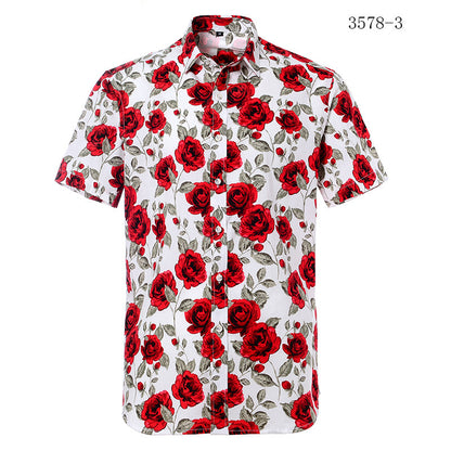 Short-sleeve shirt with red floral pattern on a white background