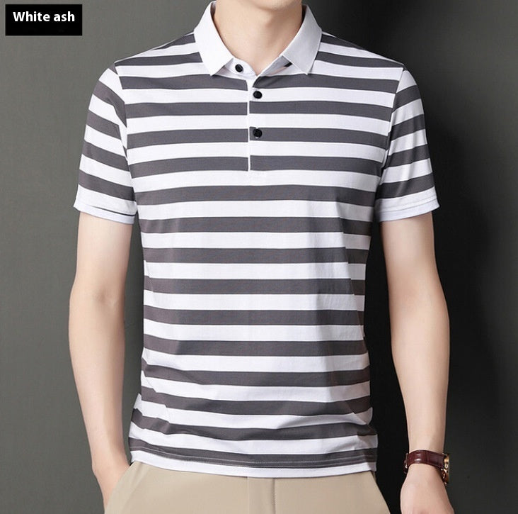 Summer Cotton Polo Collar Striped T-shirt - Men
