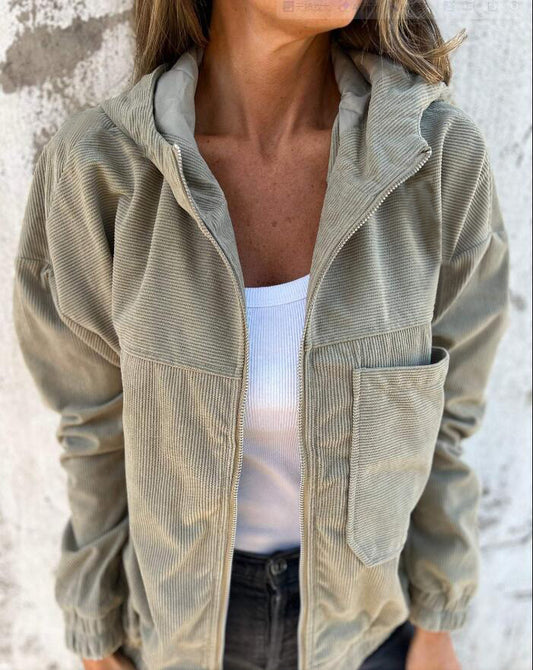 Solid Color Jacket For Women, Simple Style Corduroy Hooded Coat