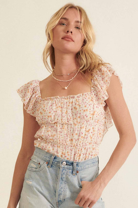 Floral Square Neck Gather Bodice Low Back Bodysuit