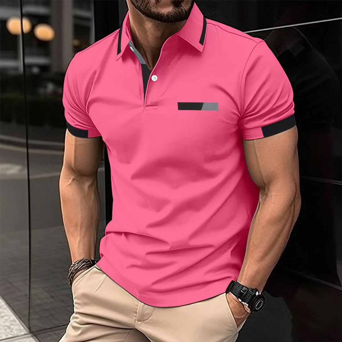 Men's Casual Polo Shirt - Faux Pocket & Lapel Button