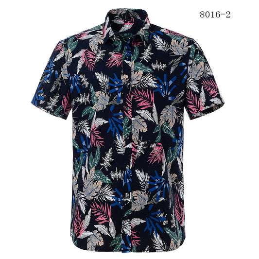 Short-sleeve shirt with colorful leaf pattern on a white background