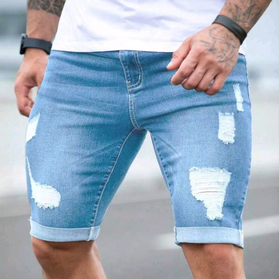 Trendy Distressed Denim Shorts - Summer Blue Multi-hole Design