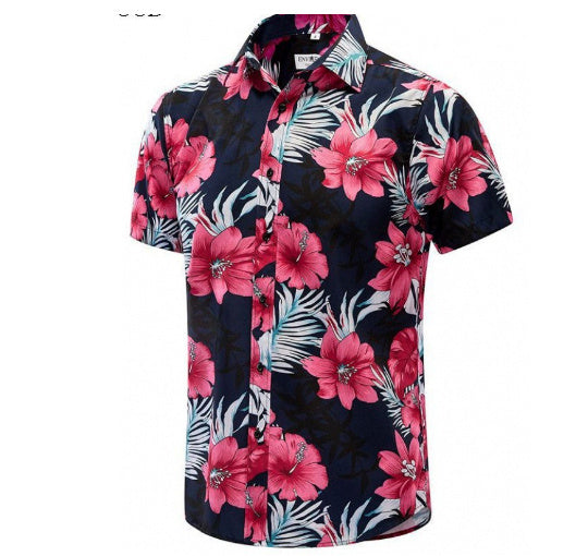 Short-sleeve shirt with pink floral and leaf pattern on a white background