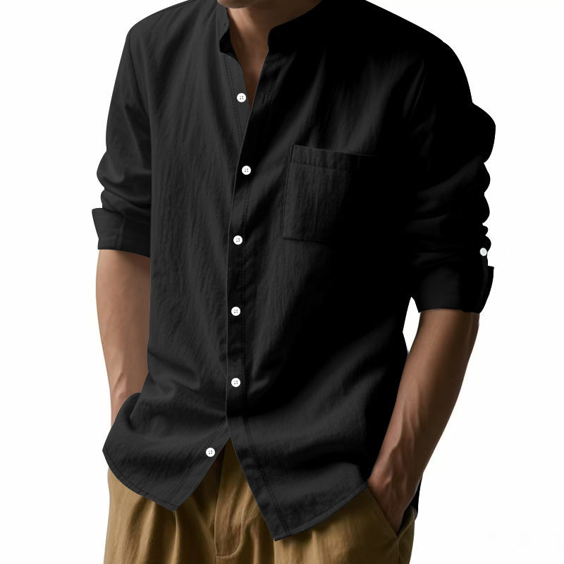 Long Sleeve Stand Collar Shirt With Pockets - Casual Men's Clothing