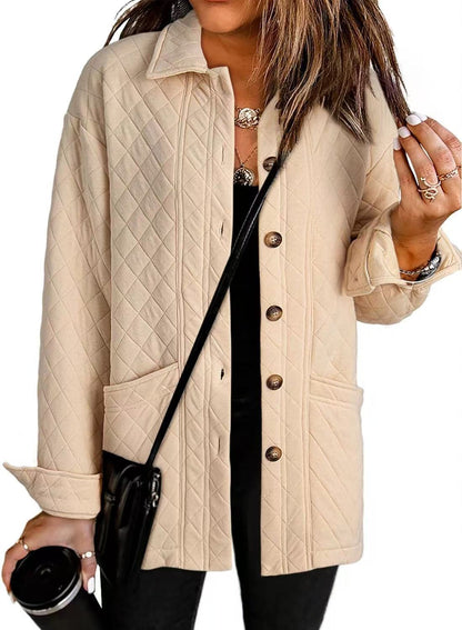 Women's Casual Quilted Jacket Button Long Sleeve Shirt With Pocket Coat