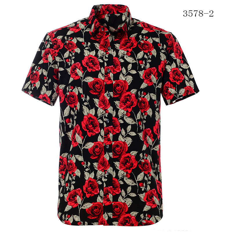 Short-sleeve shirt with red floral pattern on a black background